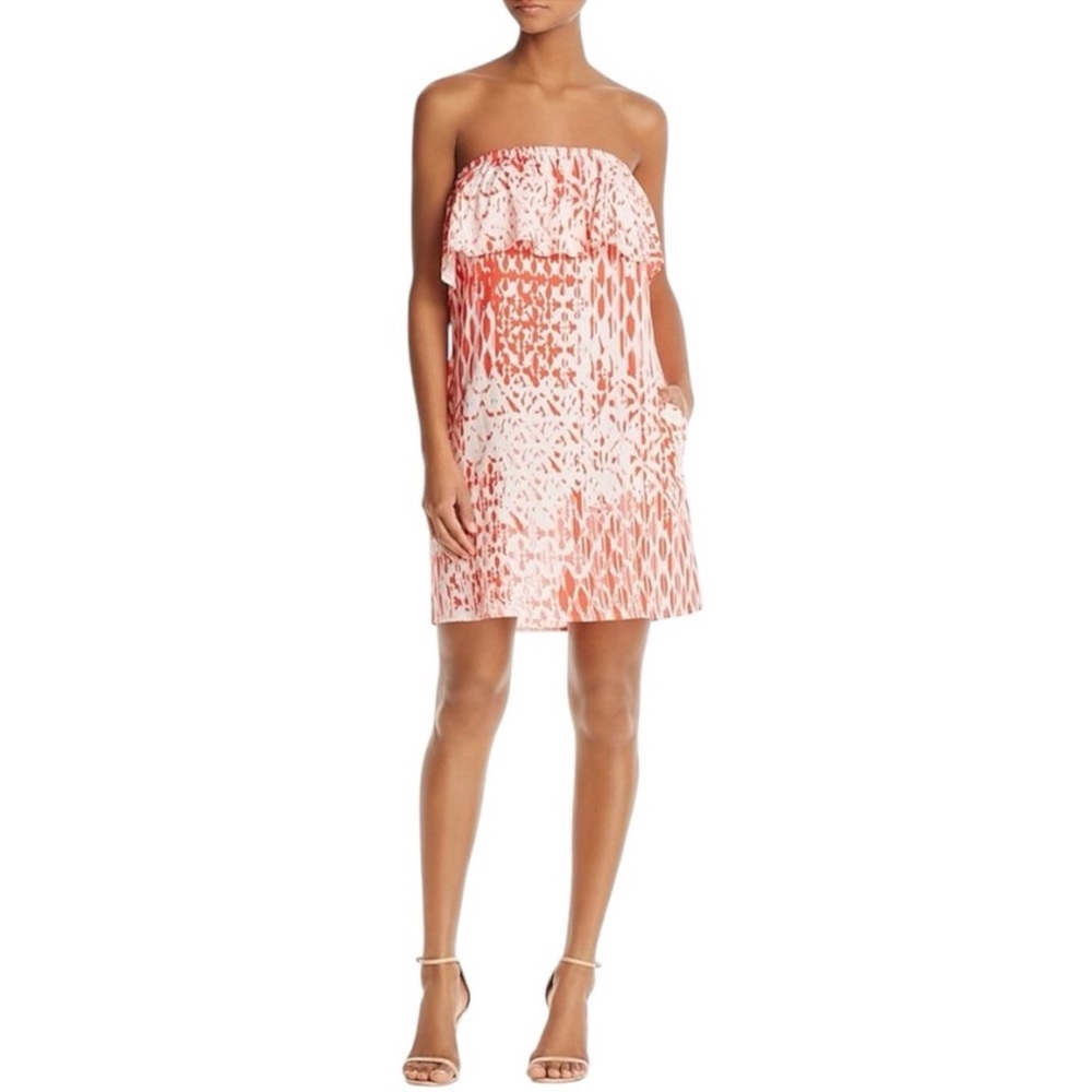 Aqua White and Coral Ikat Print Strapless Shift Dress Size Small